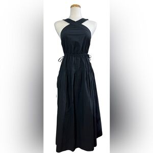 J.CREW Madewell Dress Women 0 Black Poplin Halter Midi Drawstring Waist Boho NWT